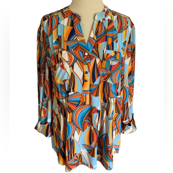 Cocomo Tops - COCOMO XL 3/4 sleeve blue orange multicolored women’s pintuck Blouse top…